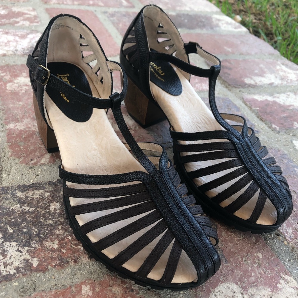 Jambu Black Strappy T‑Bar Block Heel Sandals